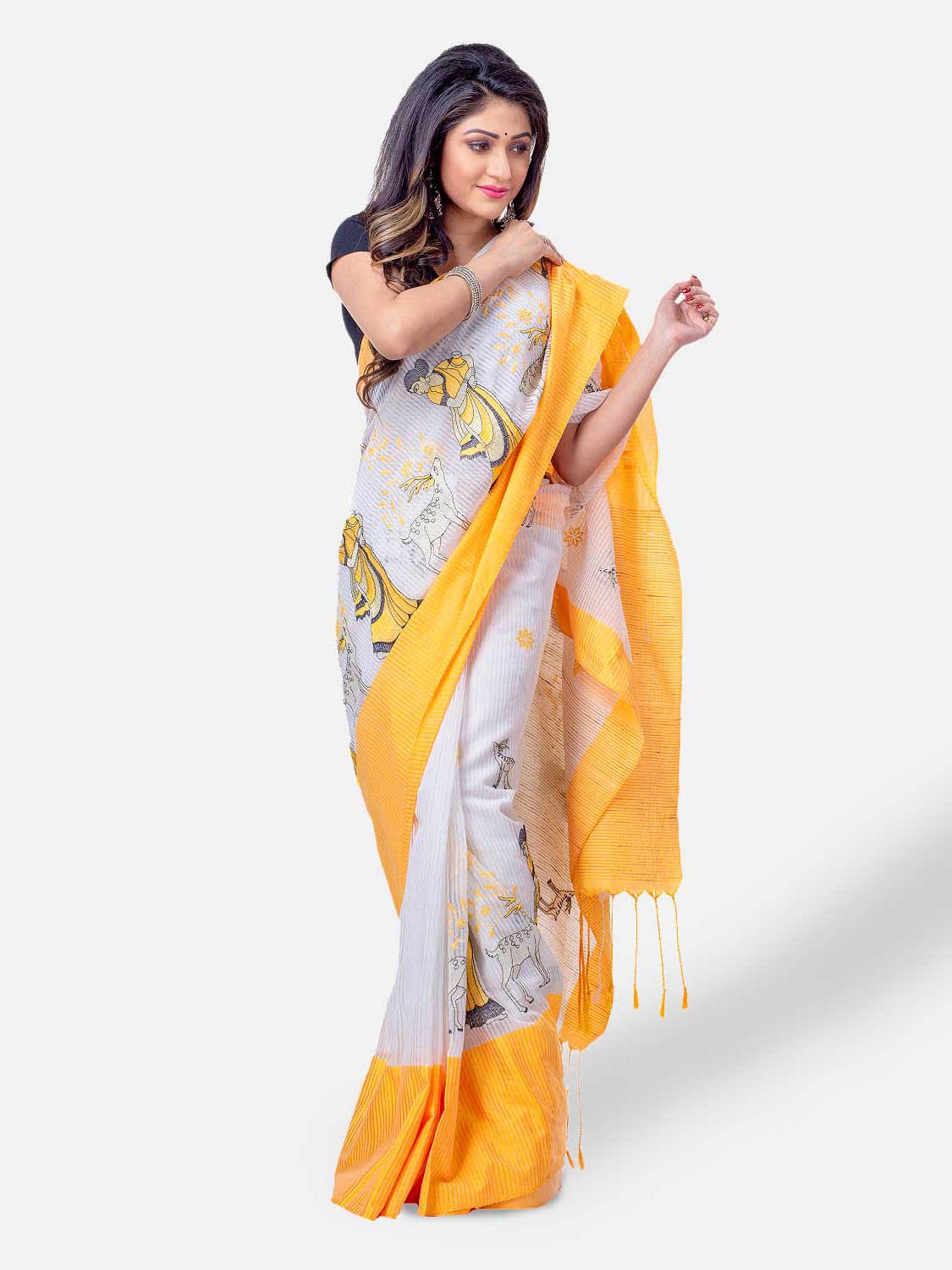 Women's Traditional Bengali Cotton Handloom Sakuntala Tant Saree of Bengal with Blouse Piece (Yellow White)